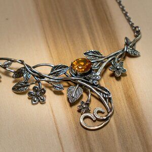 Or Paz Sterling Silver Floral and Vine Bib Necklace with Citrine Gemstone